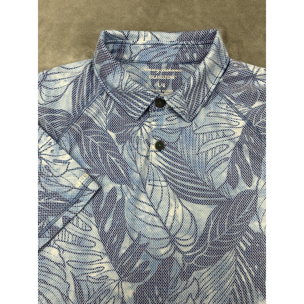 Tommy Bahama Polo Shirt Men Large Blue Leaves Island Zone Stretch Golf Casual